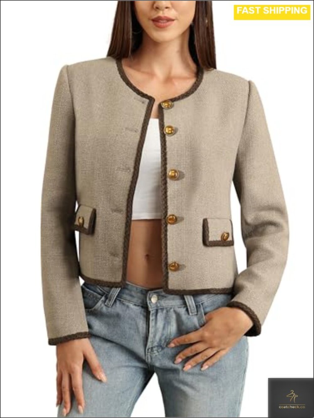 Womens Cropped Tweed Jacket Collarless Button Pockets Blazer